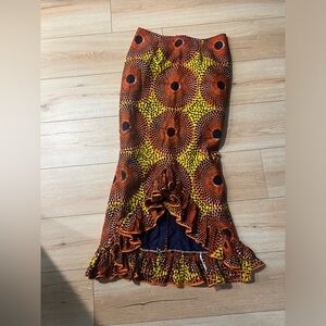 African Maxi Mermaid Ruffle Trim Tulip Pencil Skirt - Orange/Yellow